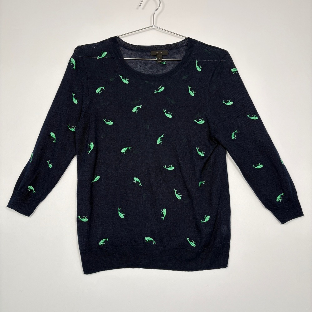 J.Crew Women Sweater M Navy Whale Embroidered Linen 3/4 Sleeve 51452 Novelty